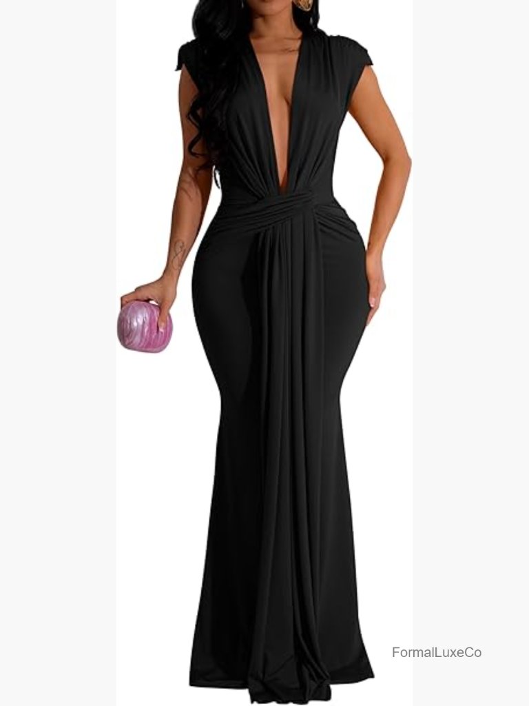 Elegant Sleeveless Deep V Neck Bodycon Maxi Dress Party Evening Gown